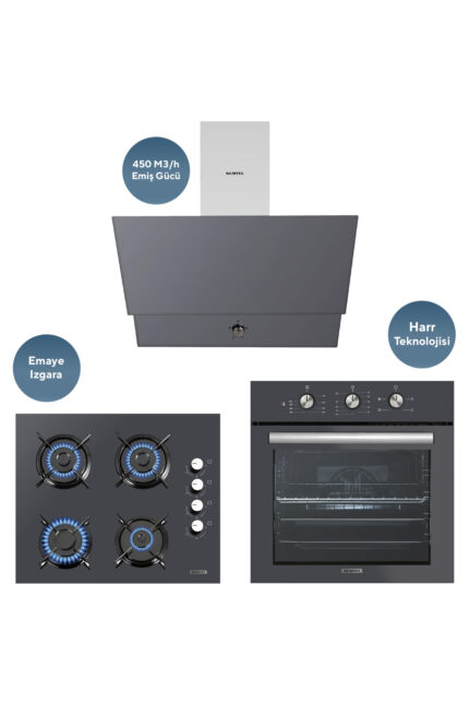 KUMTEL Kristal Antrasit Gri  Cam Ankastre Set