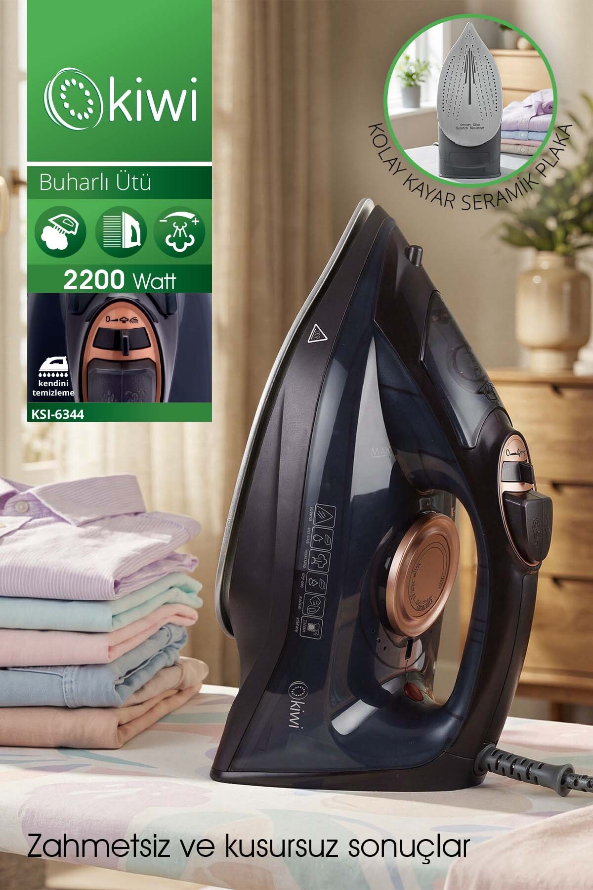 1_org_zoom-705.jpg Kiwi KSI-6344 Buharlı Ütü | 2200 Watt, Seramik Taban, 90g Şok Buhar, 220ml Su Haznesi - Görsel 1